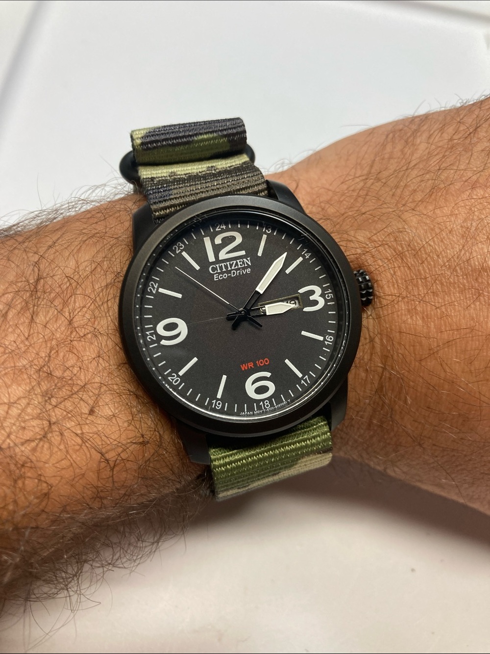 Citizen Eco Drive Black Dial Field Watch Green Camouflage Strap, E101-S064783